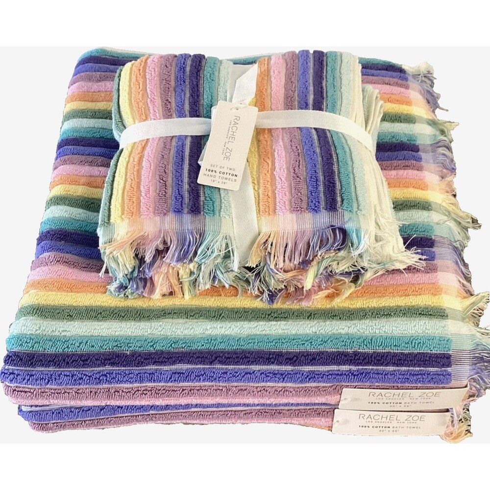 Rachel Zoe Rainbow Pride Striped 2 Bath 2 Hand Towels Set of 4 Fringed Dorm Room